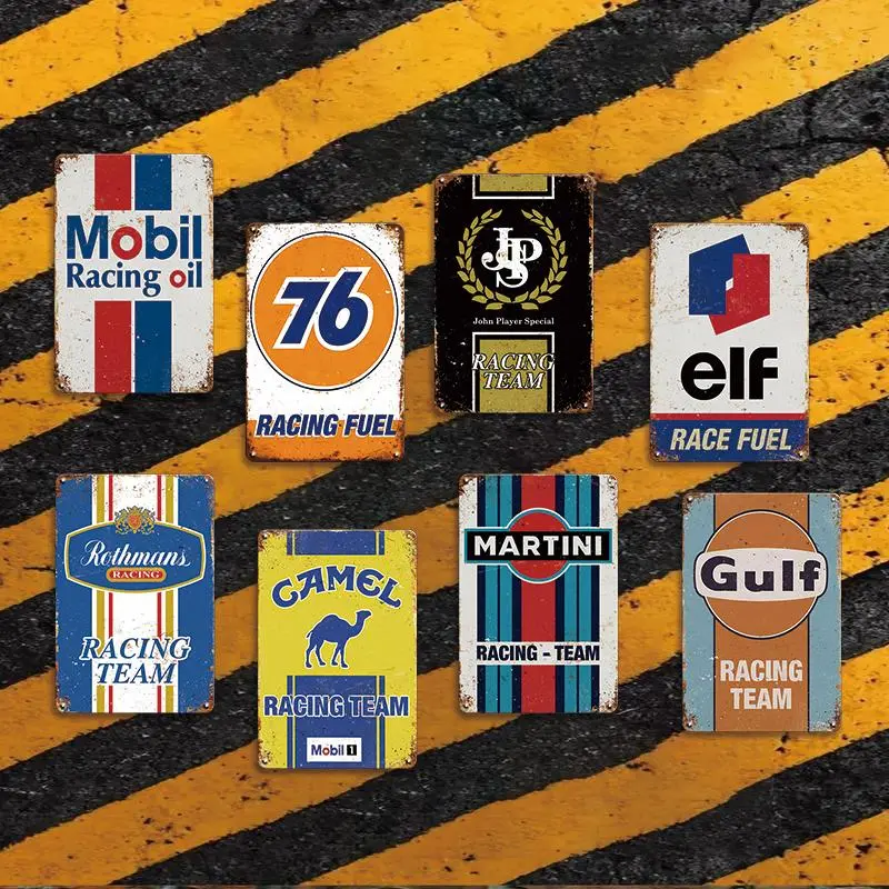 Racing Team & Motor Oil Style Metal Tin Signs Set, 8 Counts/set Wall Hanging Art Decor Plaque, Indoor Outdoor Decoration for Home Room Garage Auto Repair Shop, Signage, Home Business Decor, Multicolor 3