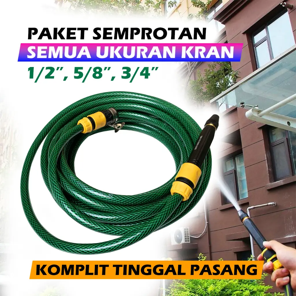 Paket Selang Semprotan Air Semprot Cuci Motor Mobil Siram Taman Cocok Untuk Semua Ukuran Keran- Selang Serat Benang Hijau Komplit Anti Lumut 2mm