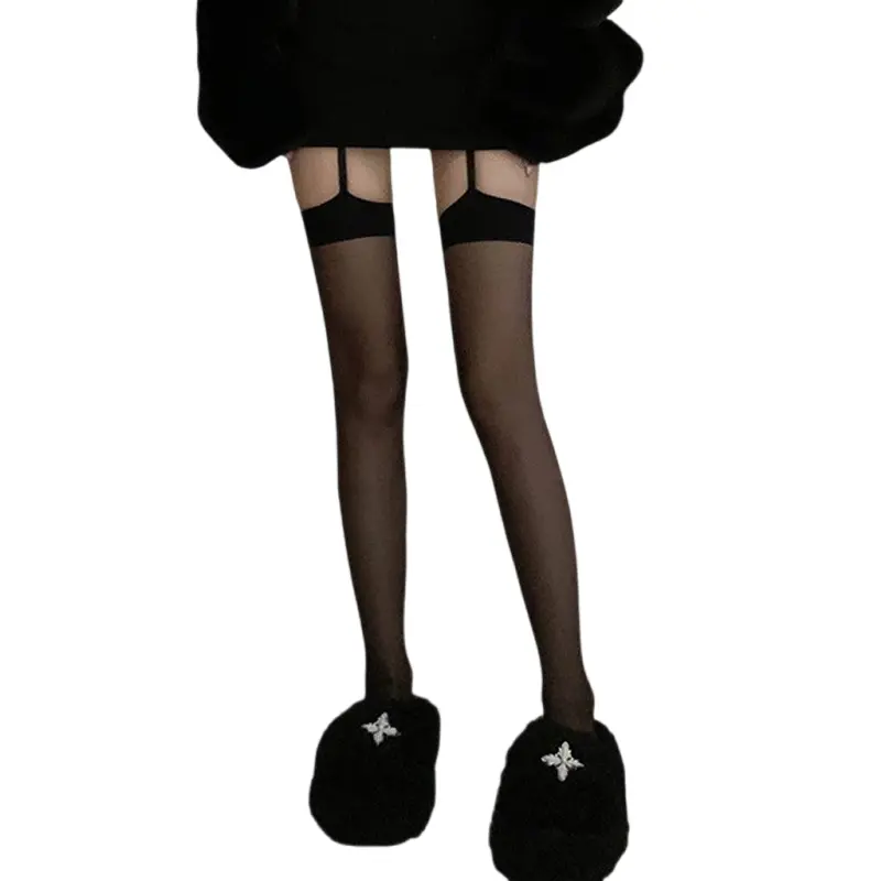 Women Sheer Suspender Pantyhose Mesh Thigh High Stockings High Waist Garter Belt Tights