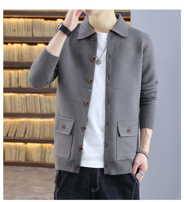 Product Introduction of Spring and Autumn Lapel Knitted Cardigan Men's Coat Trendy Casual Belt Button Solid Color Outerwear Sweater Men's Line Clothes Nam 23