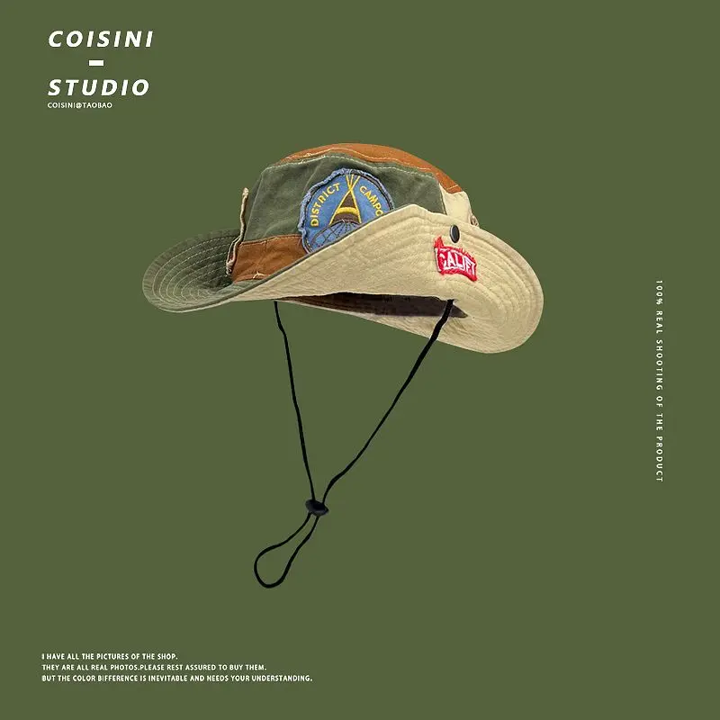 Japanese Retro Patchwork Color-Block Fisherman Hat for Women Spring Summer Parent-Child Outdoor Fishing Hiking Hat for Men Trendy