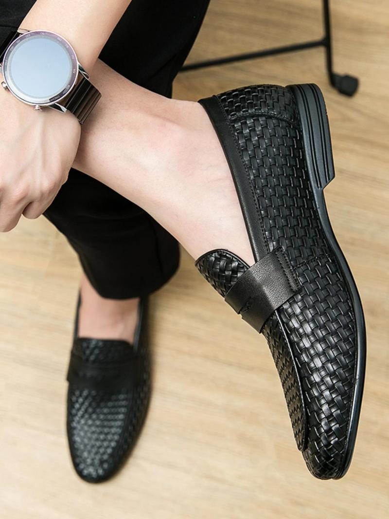 Product Introduction of Men's Business Formal Braid Design Slip-on Loafers, Fashionable Round Toe Flat Shoes for Work Office, Male All-match Commuter Shoes for Daily Wear 3