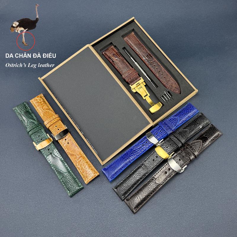 Dây đồng hồ da đà điểu thật DD1 kèm Hộp Gỗ tặng khóa bướm cao cấp, size 18mm, 20mm, 22mm