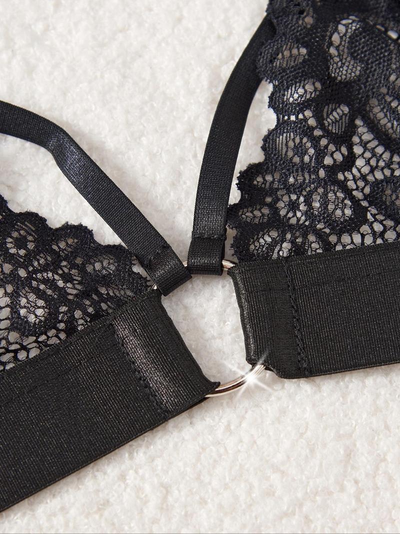 Product Introduction of Women's Floral Lace Sheer Sexy Lingerie Set, Adjustable Strap Ring Linked Bra & Thong & Skirt & Sleeves & Choker & Stockings, Lingerie Set for Women 14