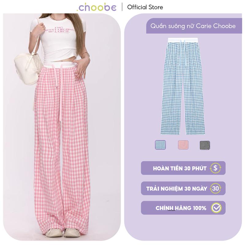 Quần ống rộng Carie Choobe suông kẻ caro có dây rút 3 màu Q100 Nữ Ong