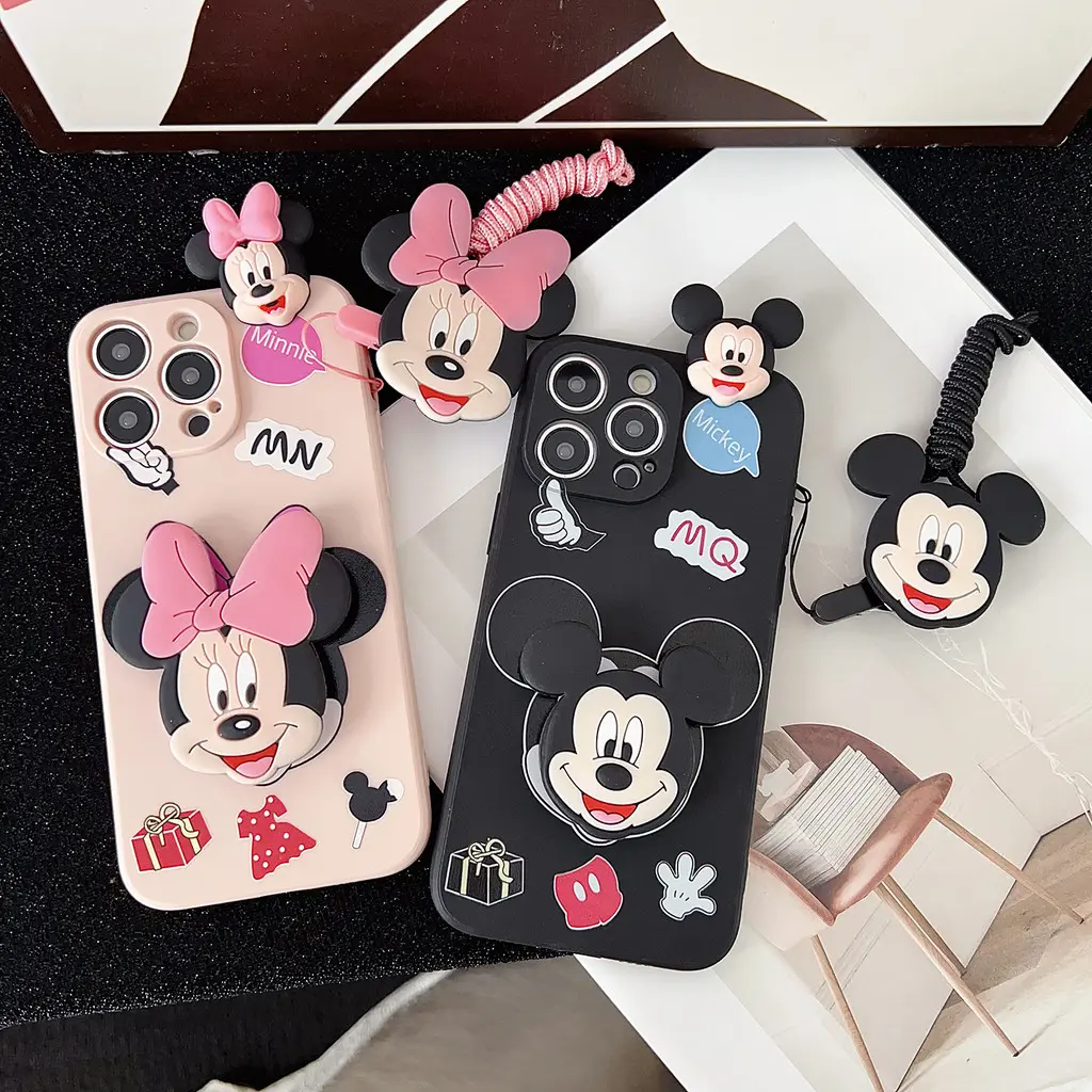 3D Cartoon Minnie Mickey Toy Phone Casing For iPhone 12 11 Pro 6 6S 7 8 Plus X XS Max XR SE 2020 12 Mini Case Strap Rope With Holder Soft Silicone Cover
