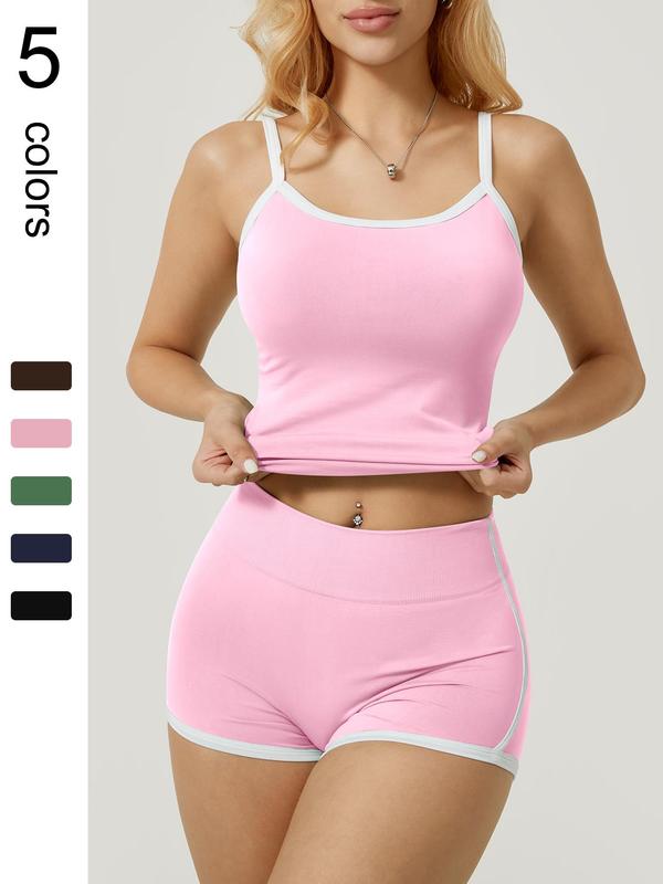 Women's Contrast Binding Cami Top & High Waist Shorts Loungewear Two-piece Set, Casual Comfy Cami Top & Shorts Pj Set, Ladies Summer Sleepwear 2
