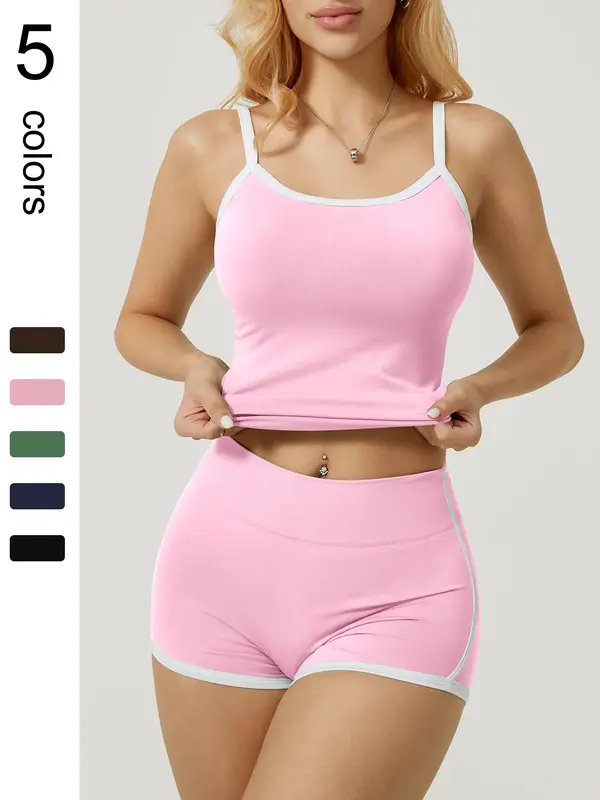 Women's Contrast Binding Cami Top & High Waist Shorts Loungewear Two-piece Set, Casual Comfy Cami Top & Shorts Pj Set, Ladies Summer Sleepwear 2