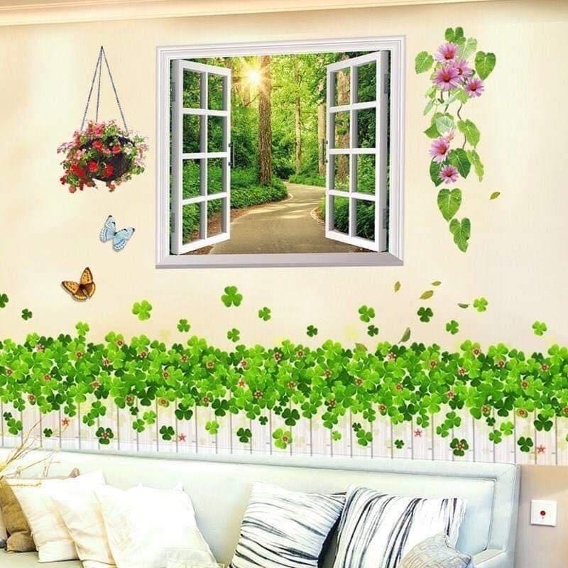Decal Dán Tường Combo cửa sổ + chân cỏ 4 lá 1m4*1m1 - Dán phòng khách phòng ngủ nhà vệ sinh nhà tắm quán trà sữa vv... - Decor Decor Phòng