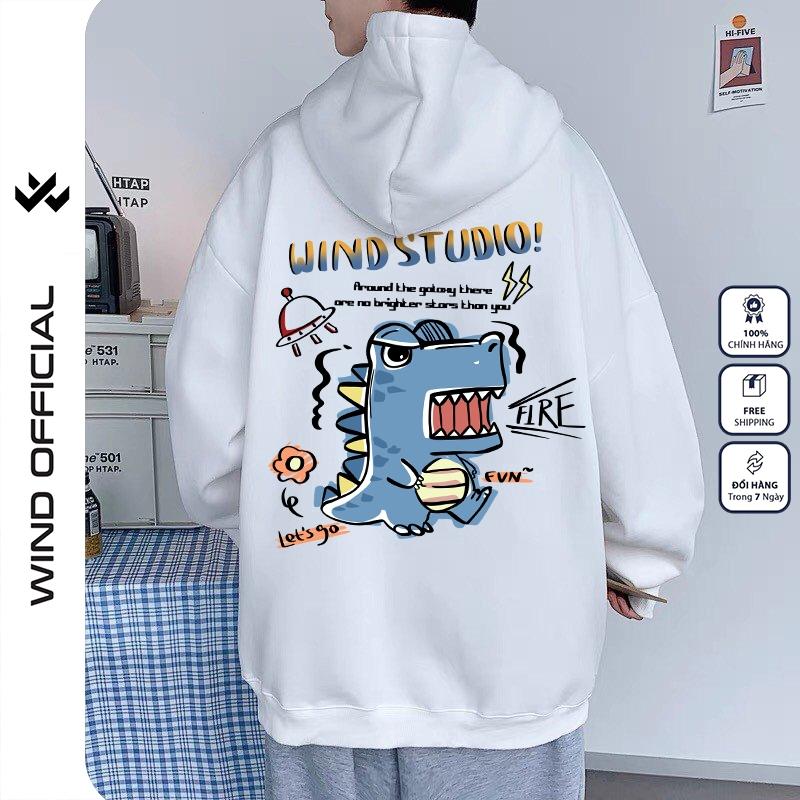 Áo hoodie unisex form rộng WIND Khủng Long Fire hoodie nút bấm thời trang nam nữ nỉ bông oversize Menswear Dài Tay