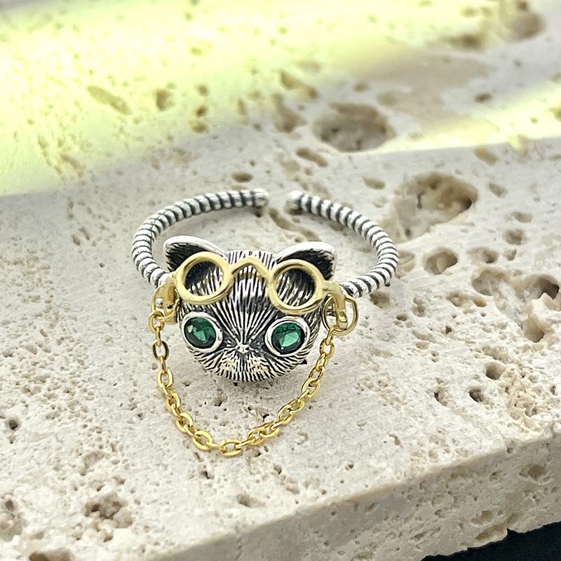 925 Sterling Silver Doctor Cat Ring with 18K Gold Plated Glasses10