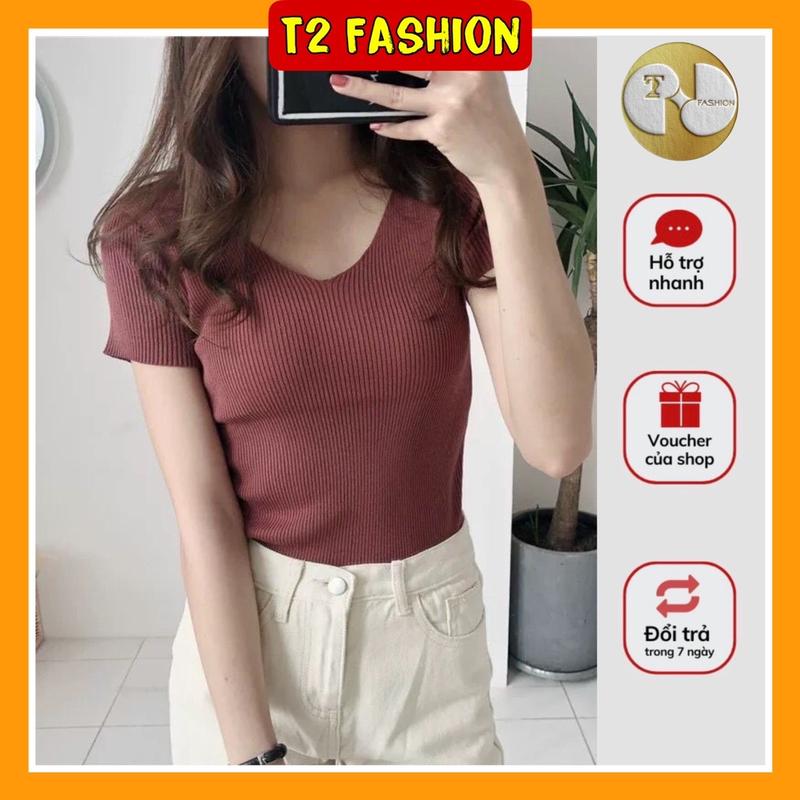 T622 {Có Sẵn} Áo len tăm cổ tim cộc tay - Loại 1 Nữ Top
