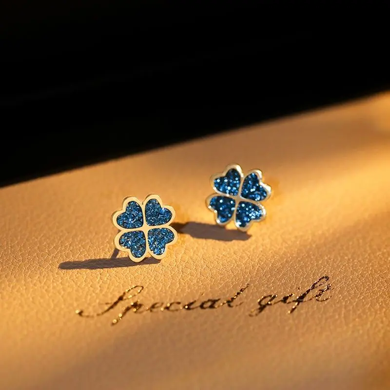 2025 Blue Clover Earrings New Trendy Small Rhinestone Earrings for Women Niche Flower Light Luxury High-end Ear Jewelry