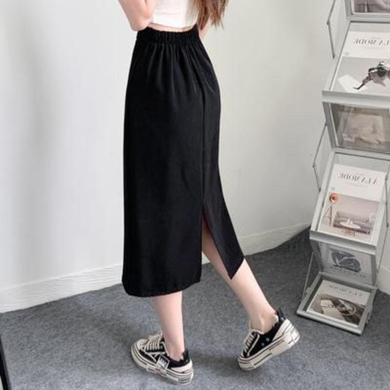 Product Introduction of Plus size women's clothing plump girls casual high waist black midi skirt summer Korean style loose slim A-line skirt fashionable skirt Fit Womenswear Bottom Light Pocket Polyester Satin Spandex Comfortable Lingerie Lady Basic Minimalist Accessory 34