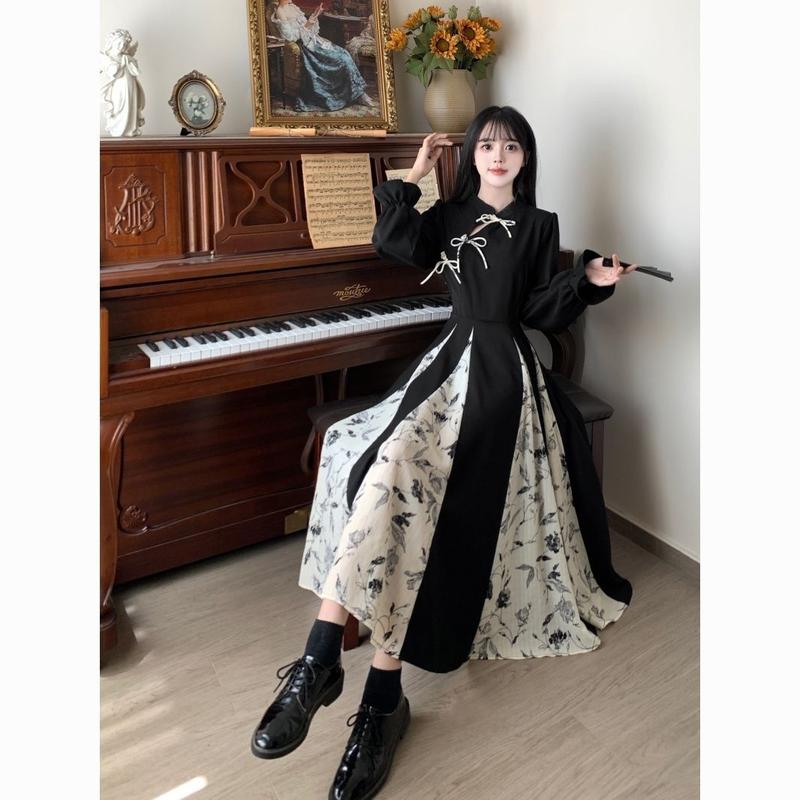 Váy Qipao Phong Cách Trung Quốc Phong Cách Quốc Gia Mới, Dành Cho Phụ Nữ, Mùa Xuân Và Mùa Thu, Ngoại Cỡ, In Cổ Điển Cao Cấp Chắp Vá, Váy Viền Lớn, Được Thu Thập Bởi 9865 Người 0