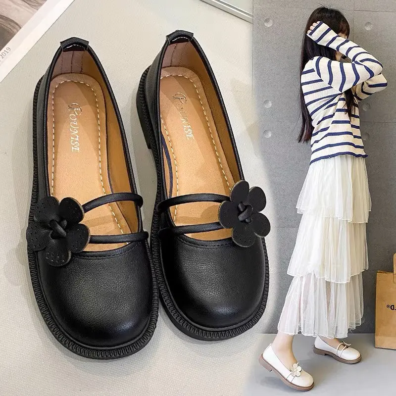 giày búp bê lobita nữ 5cm cài hoa trà chất da mềm Mũi tròn Shoes Giày Bệt 6