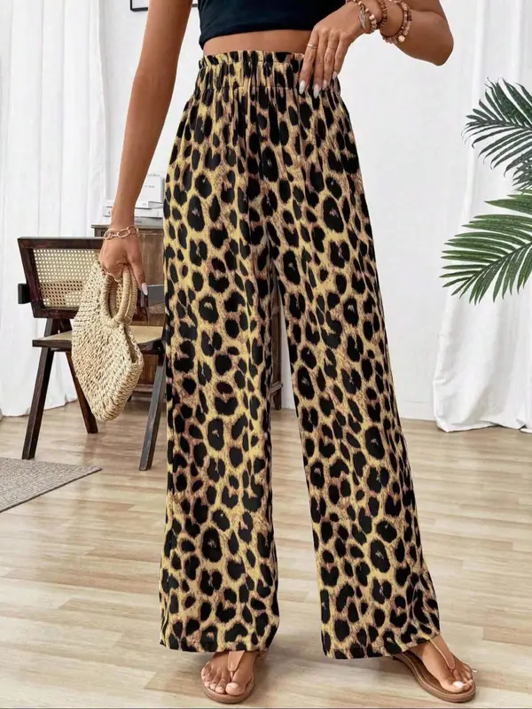 Women's Leopard Print Elastic Waist Wide Leg Pants, Casual Comfy Trousers for Daily Wear, Ladies Bottoms for All Seasons 3
