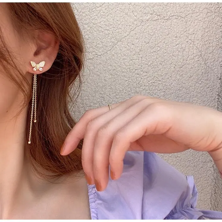 1Pair Trendy Long Tassel Butterfly Drop Earrings Butterflies Ear Studs For Women Fashion Jewellry Accessories
