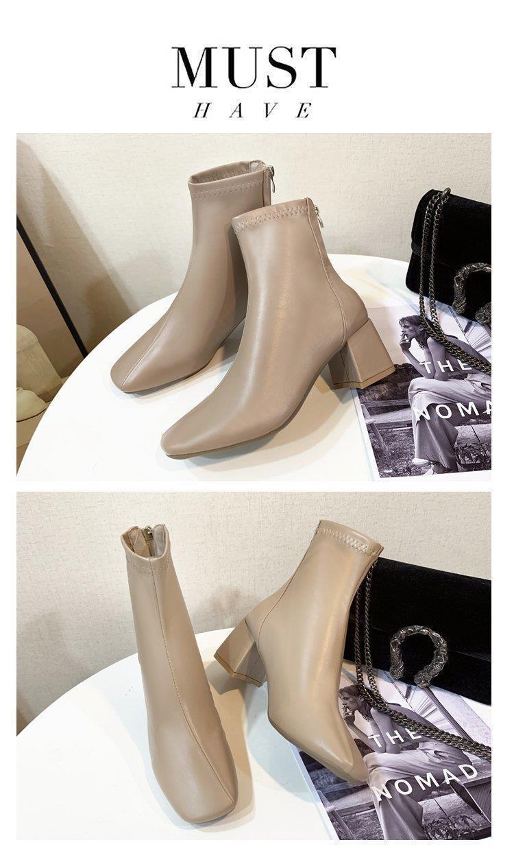 Product Introduction of Martin Boots Women's 2024 New Women's Boots, European and American Style Square Head Rear Zipper Short Boots Women's Thick Heel Medium Heel Boots Women's Girl Walking Shoes Footwear Comfort Makapal Marten Onyx high heel 26
