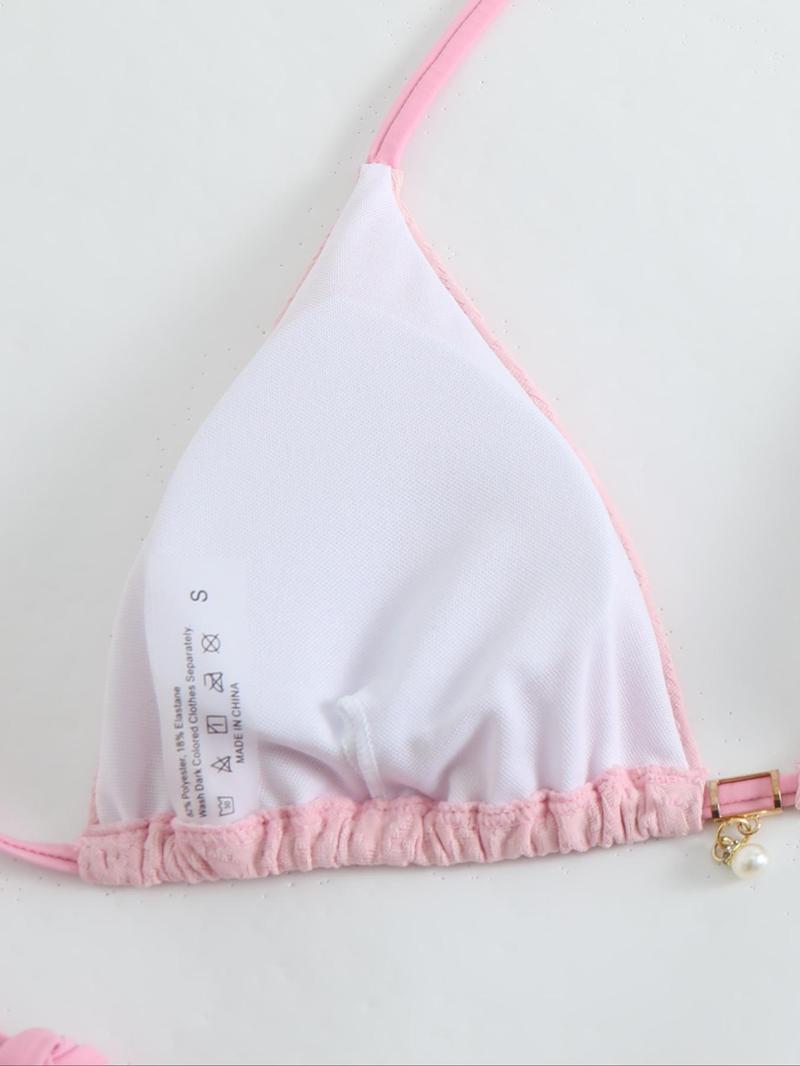 Product Introduction of Women's 2024 New Arrival Summer Textured Faux Pearls Decor Tie Back Bikinis, Casual Halter Neck Triangle Wireless Swim Bra & Tie Side Swim Bottom Swimsuit Set, Bathing Suits for Women Summer Beach Holiday Vacation Pool Party 16