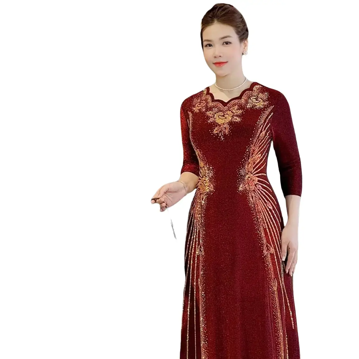 M688 Đầm dự tiệc thun nhũ kim sa 2 lớp . cổ lượn sóng , ép đá cao cấp Nữ Women Đỏ Dress