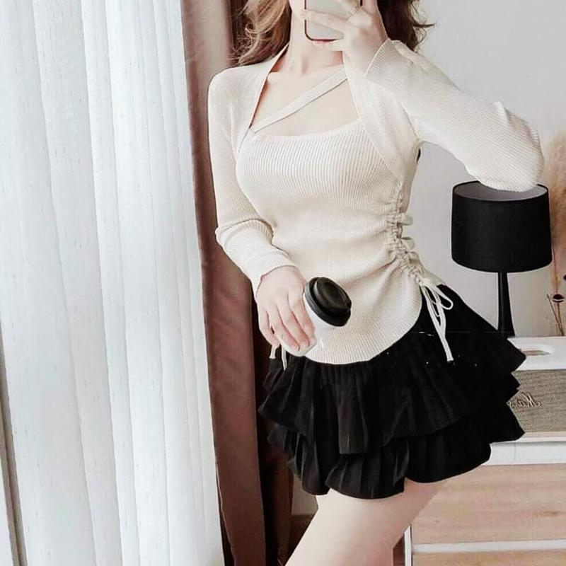 Áo thun nữ gân tăm  croptop chéo dây vạt bầu rút dây 2 bên eo Women Màu Trắng Voi Dài Tay Nhung