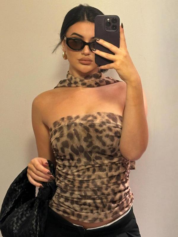 Women's Leopard Print Ruched Mesh Tube Top with Belt, Casual Strapless Top for Summer, Ladies Clothes for Party Club Beach Vacation, Tube Top, Womenswear 0