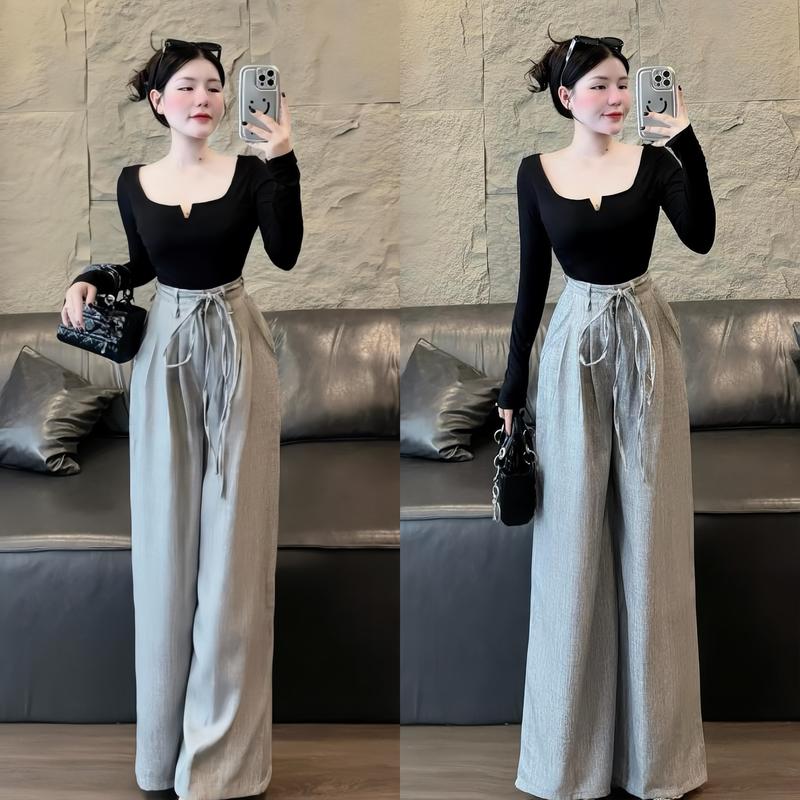 Set đồ nữ áo thun tăm tay dài kèm quần dài ống rộng [có dây thoắt eo] sang chảnh dành cho các nàng diện đi chơi. Top Women