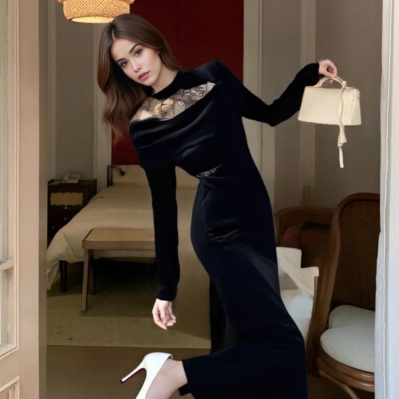  9236 đầm thiết kế tiểu thư sang chảnh dáng dài thanh lịch phong cách châu âu đầm đen dài tay dài body nữ đi tiệc dạ hội đuôi cá 