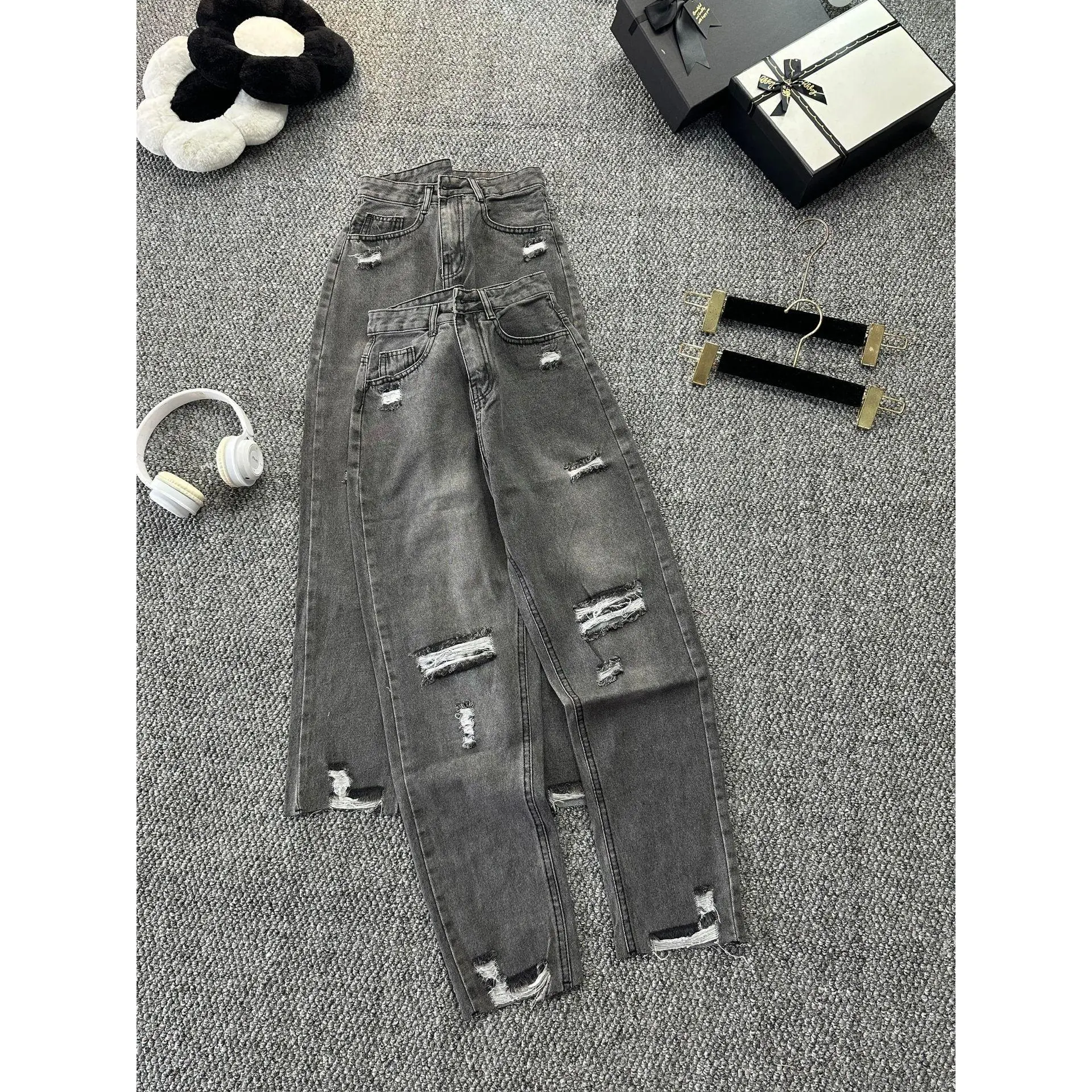 Baggy xám rách gấu rách đầu gối Jean Pants Denim Lưng Cao Có Túi Khuy Menswear