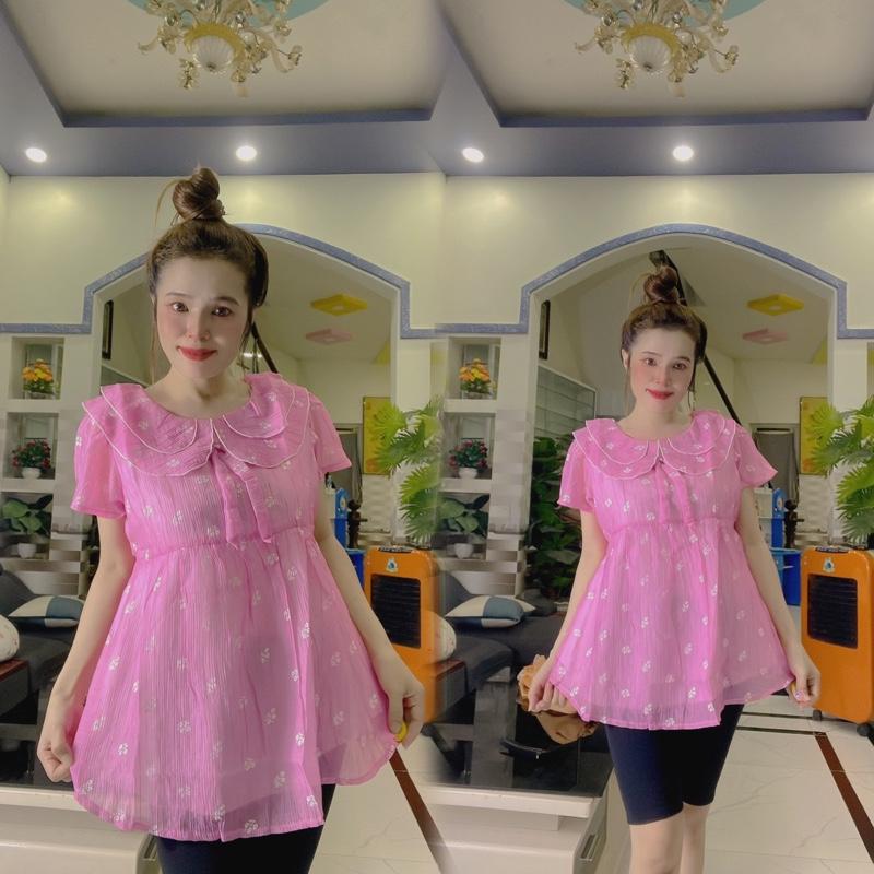Áo Bầu Voan Kiểu Cổ bèo 2 Lớp Form Rộng Dáng Tiểu Thư Bồng Bềnh Hàn Quốc-Nút điều chỉnh hai bên(45-95kg) 1