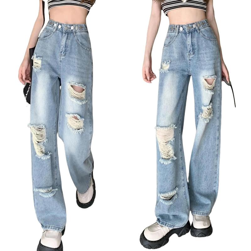 Quần Jean Nữ Suông Ống Rộng Màu Xanh Nhạt Mài Rách Thời Trang BigSize Có Tăng Đơ Nút 2 Bên Denim 0117 0118 Nữ Pants Baggy Women Ong