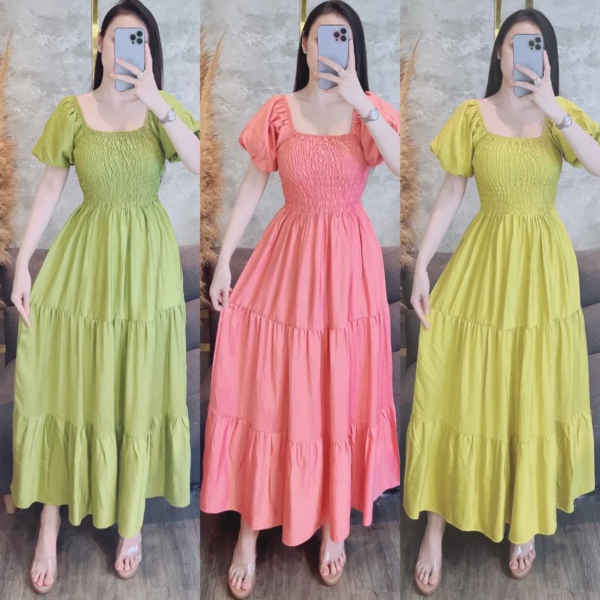 Đầm Cổ Vuông Nhúng 3 Tùng Đũi Xước Nhăn Nhiều Màu Sắc Nữ .