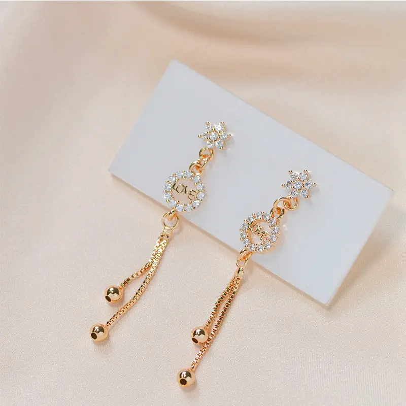 D.G.C Anting Panjang Wanita Titanium Mewah Berlian LOVE  Emas Tusuk Earing Aksesoris Fashion Perhisan Lapis Emas D307