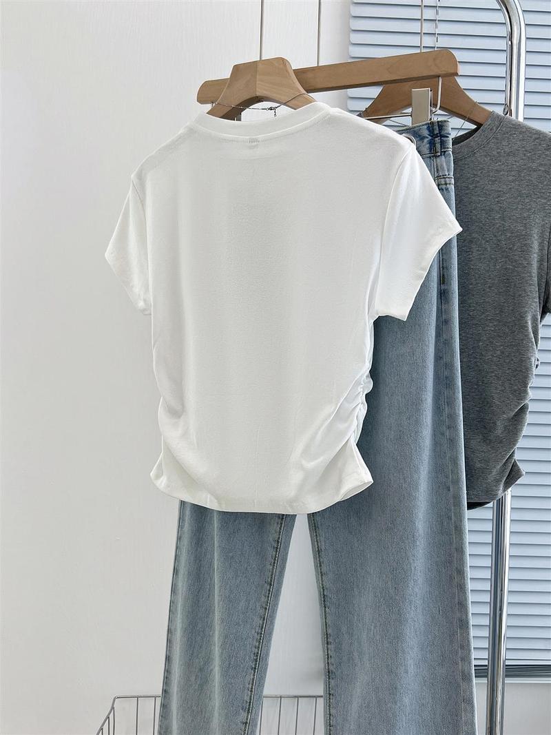 Product Introduction of Short pleated women's T-shirt waist design sweet short-sleeved summer cotton round neck top 9