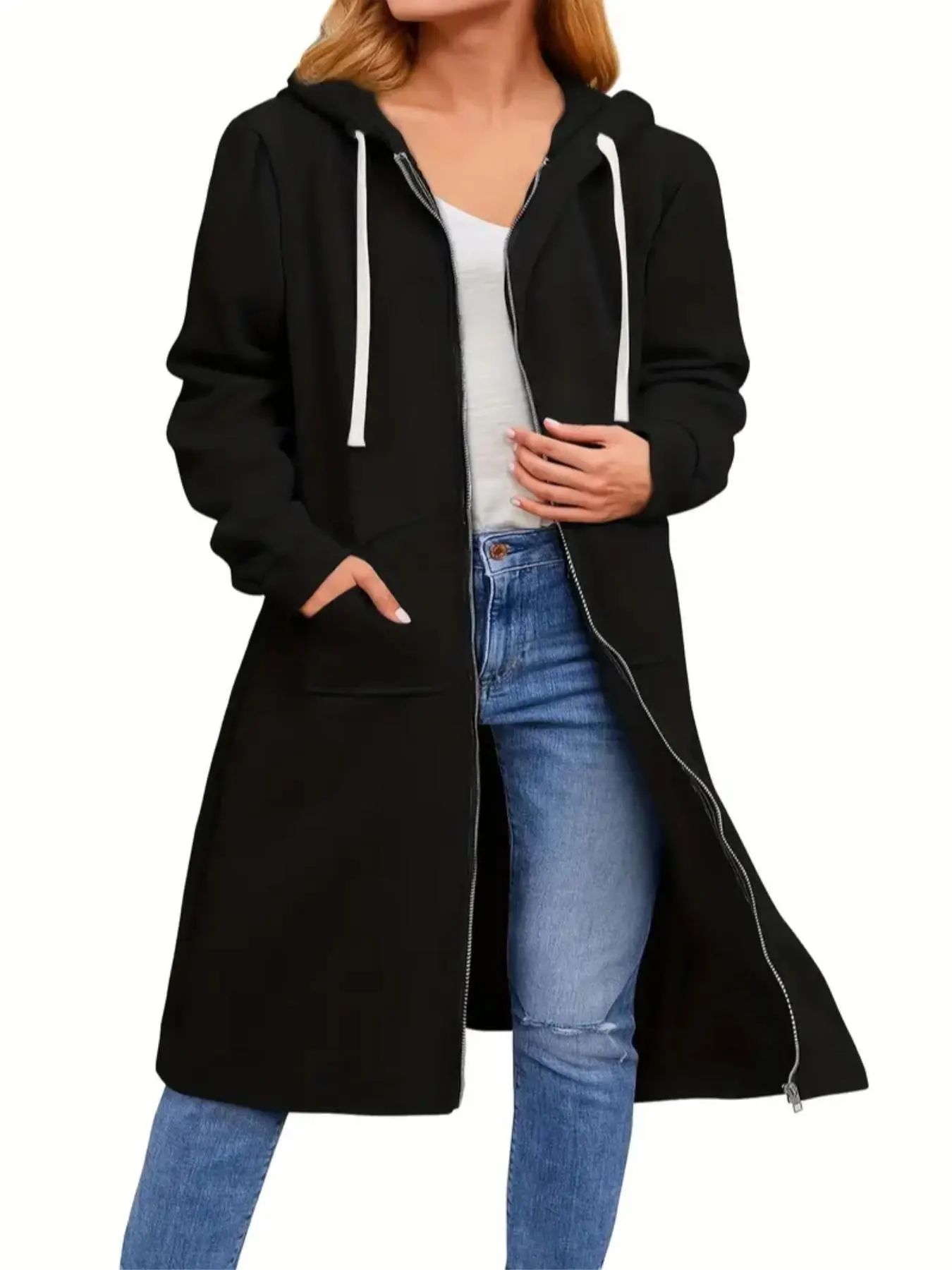Women's Solid Drawstring Pocket Zip Up Hooded Jacket, Casual Long Sleeve Open Front Outerwear for Fall & Winter, Women's Clothes for Daily Wear