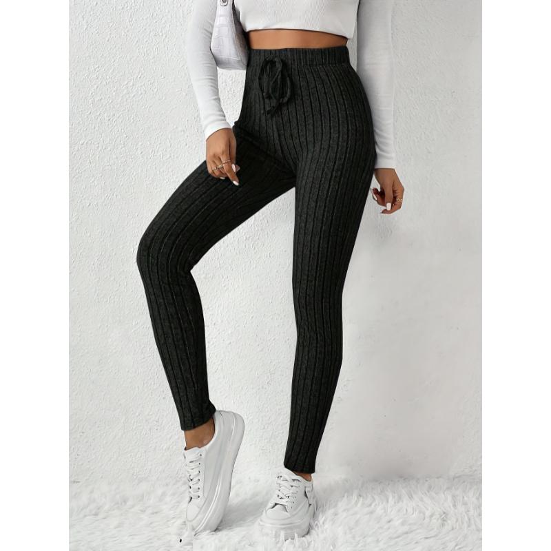 Product Introduction of Women's High-Waist Ribbed Knit Leggings - Slimming, Stretchy Solid Color with Decorative Drawstring, Cozy & Chic for Fall/Winter, Machine Washable 23
