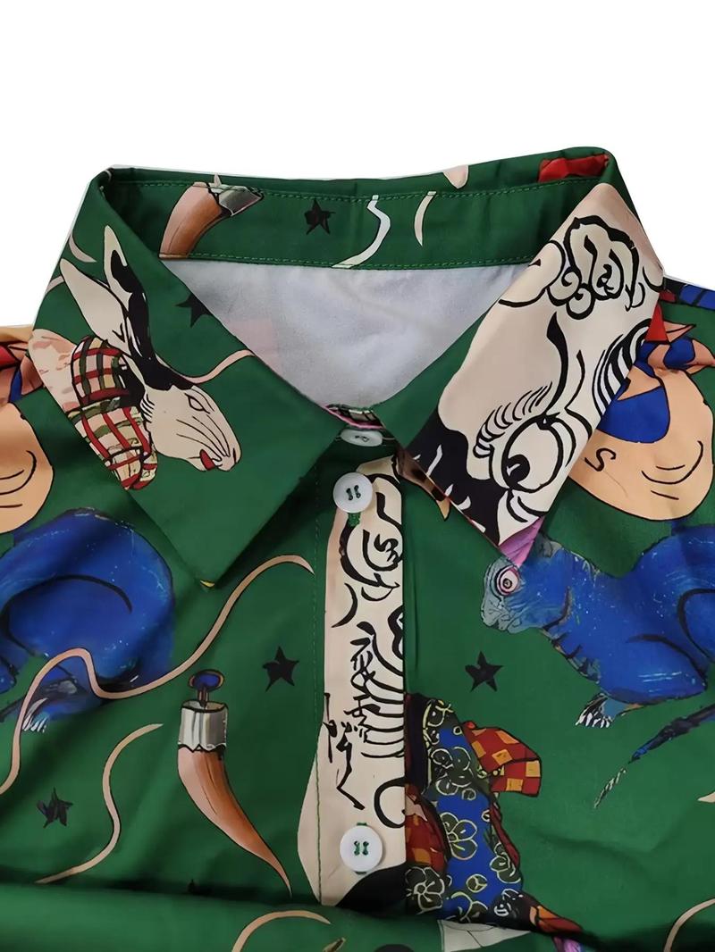 Product Introduction of Women's Cartoon Print Button Front Shirt & Elastic Waist Pants Two-Piece Set, Casual Long Sleeve Top & High Waist Trousers for Daily Wear, Ladies Summer Clothes 6