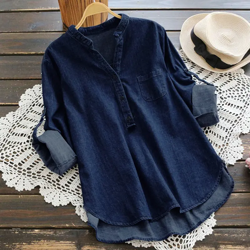 Gonpiny-Áo Sơ Mi Denim Màu Trơn Cho Nữ, Cổ Đứng Nhỏ, Nút Cổ Chữ V, Đường Viền Cổ Áo, Dài Tay, Dáng Rộng, Vừa Vặn, Áo, Thời Trang Dạo Phố 1