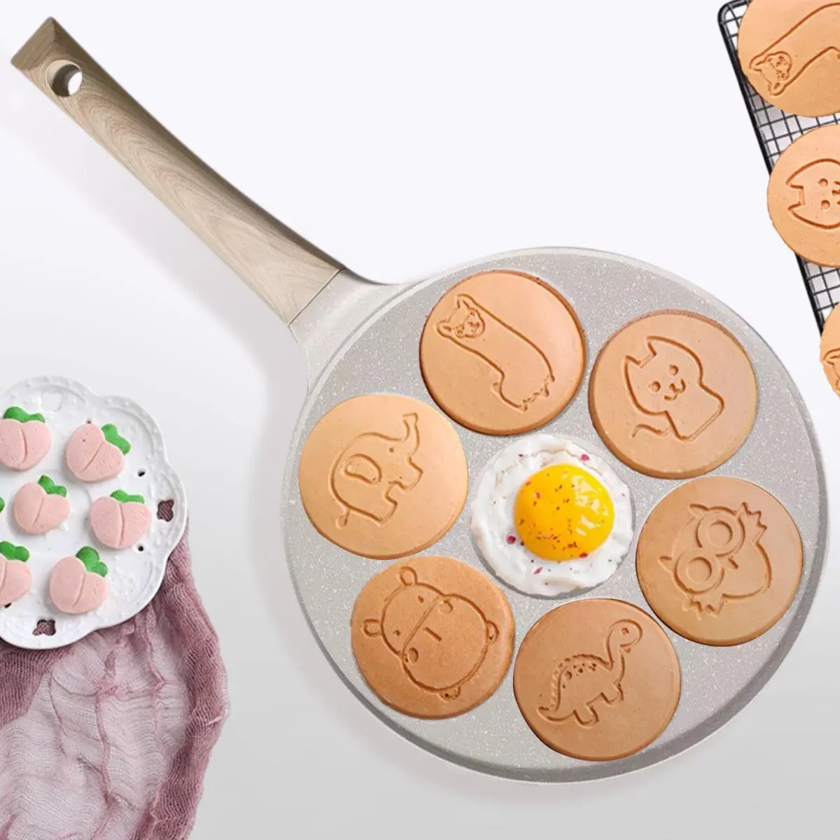 7 Hole Waffle Pan, Non-stick Round Animal Themed Waffle Pan with Handle, Kitchen Cookware for Egg, Pancakes, French Toast, Breakfast, Baking