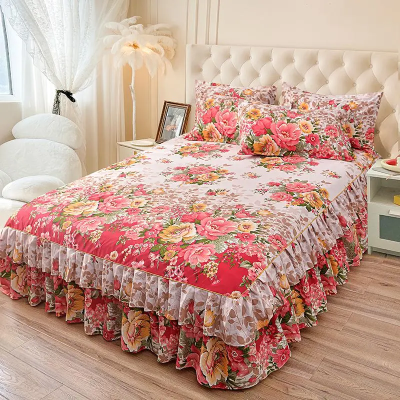 Floral Print Ruffled Edge Bed Skirt Set, 3 Counts/set Including 1 Bed Skirt & 2 Pillowcases without Filler, Comfy Bedding Set for Home Bedroom