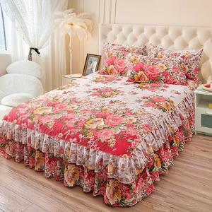 Juego de Falda de cama con Estampado Floral y Borde Volante, 3 piezas por juego incluyendo 1 Falda de cama & 2 Fundas de almohada sin Relleno, Juego de ropa de cama Cómodo para el Dormitorio de Casa