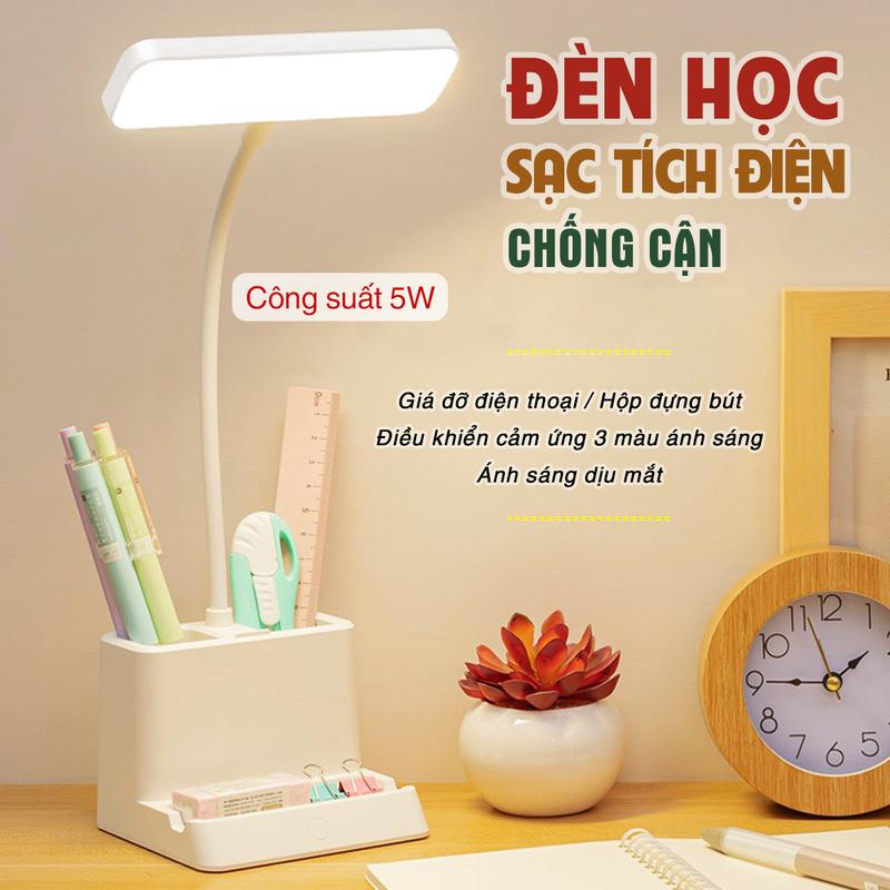 Đèn bàn học Tích Điện Đọc sách chống cận bảo vệ mắt cảm ứng 3 màu ánh sáng,công suất 5W, có hộc đôi đựng bút vuông và kèm thiết kế giá đỡ điện thoại den hoc