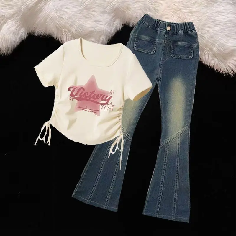 2025 girls jeans suit 2024 new summer fashionable Chinese style short sleeve medium and big Children leg pants two-piece suit
