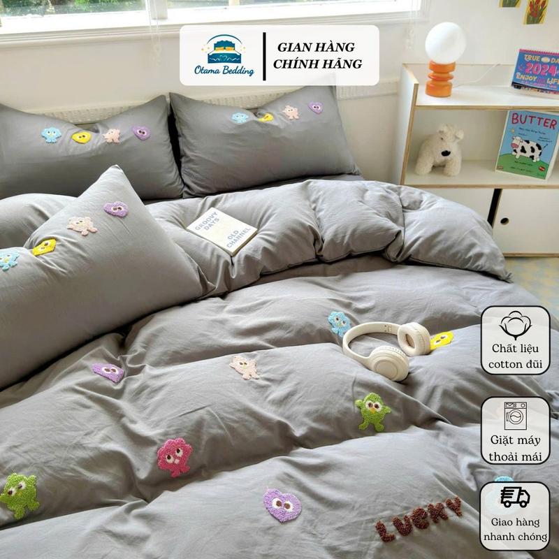 Bộ 4 món vỏ chăn (chưa kèm ruột chưa trần bông) ga gối cotton đũi decor phòng hoạ tiết len nổi phong cách Hàn Quốc drap nệm bo chun phủ giường Otama Bedding