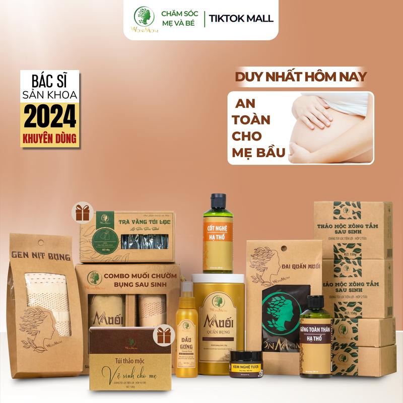 Tặng 2 Món - Trọn Bộ Combo Ở Cữ Cho Mẹ Sau Sinh 13 Món Wonmom 1 combo muối quấn bụng sau sinh+1 Kem nghệ tươi+1 Trà vằng túi lọc+1 Túi thảo mộc xông vệ sinh+1 Gừng hạ thổ toàn thân+1 Cốt nghệ hạ thổ+4 hộp thảo mộc xông tắm hộp 2 túi