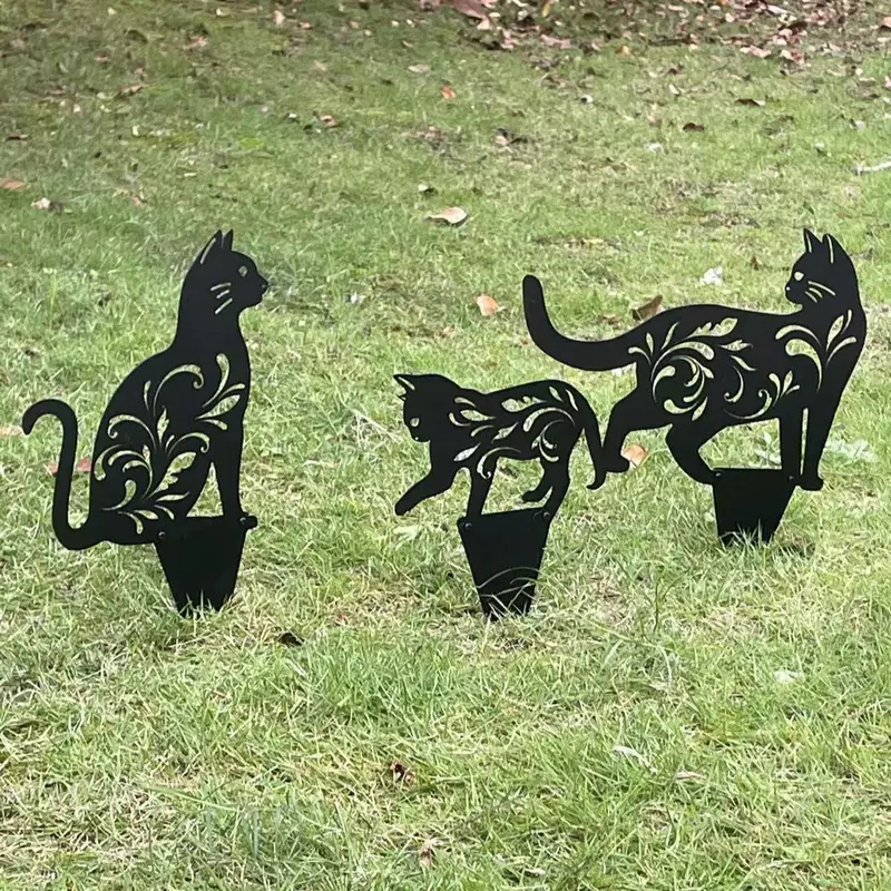 3D Cat Design Garden Stake, 3 Counts Lovely Metal Cat Garden Decoration, Outdoor Garden Decor for Yard Lawn Park Balcony 0
