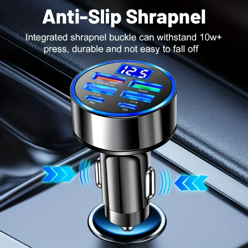 6-in-1 Fast Charger Car Adapter | QC3.0 Dual PD USB Ports, LED Display | Compatibility | 3.1A Fast Charging for Multiple Devices | Sleek Metallic Finish | Cigarette Lighter Plug | Supports 36V Vehicles 7