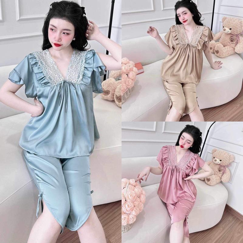 Đồ bộ pyjama nữ Mẫu Tiểu Thư Áo Tay Ngắn Quần Lửng Cổ Ren V - Chất Lụa Latin Mềm Mát pijama macnha Women Thun Voi Kem Đen