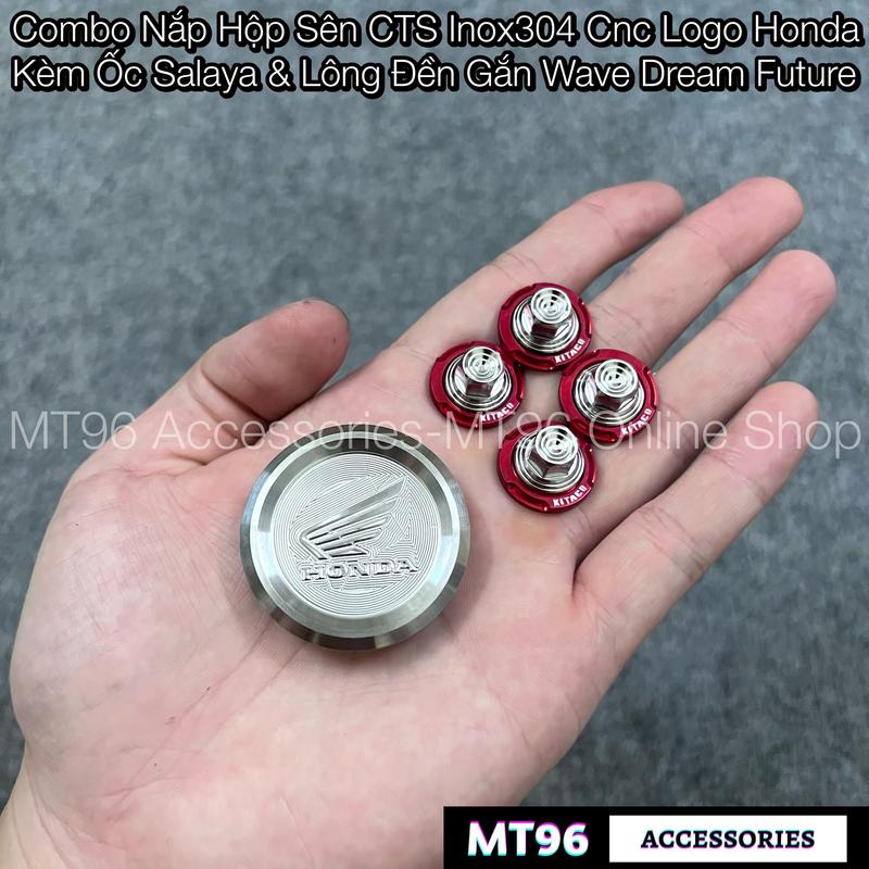 Combo Nắp Hộp Sên CTS Inox304 Cnc Logo Honda Kèm Ốc Salaya & Lông Đền Gắn Wave Dream Future
